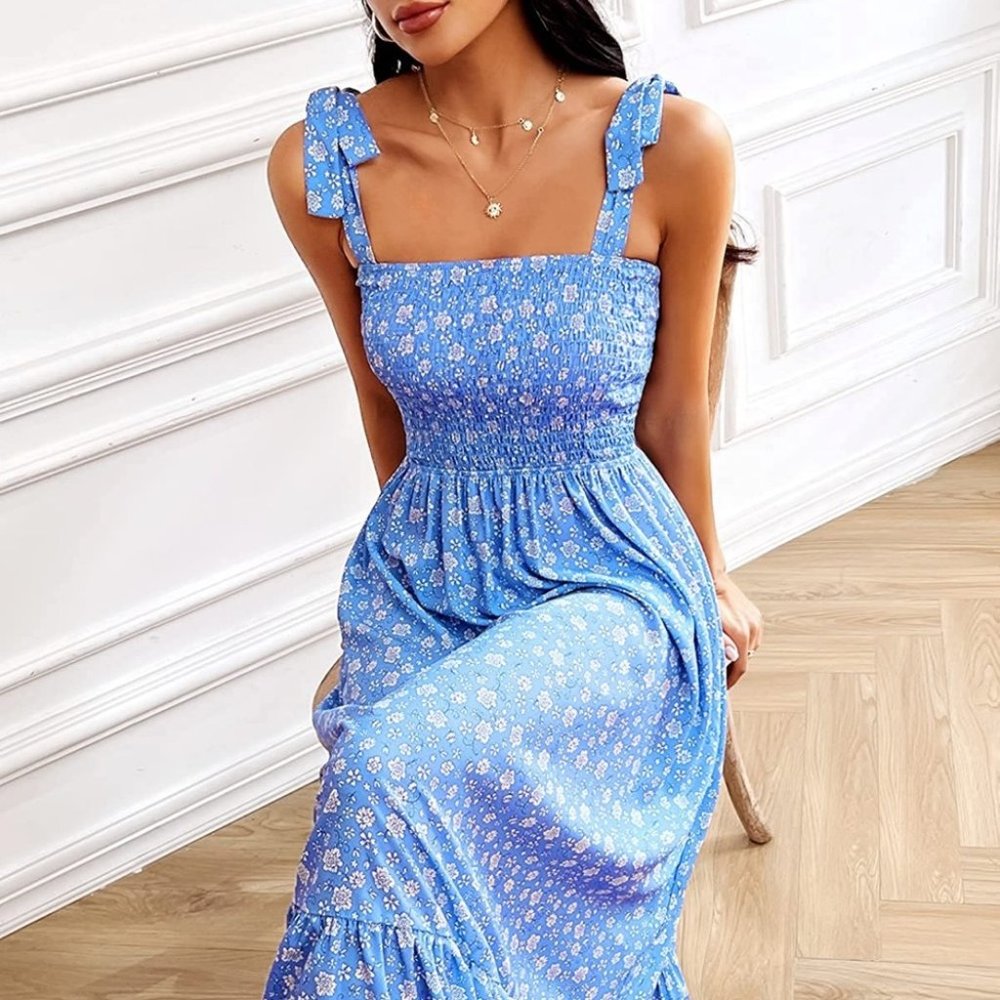 Blue Smocked Top - Summer Dress Tie Strap Boho Floral Beach Dress